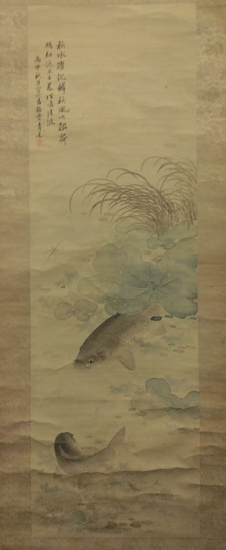 櫻間青厓【遊鯉之図】絹本　掛軸（杉原夷山／清水退軒）