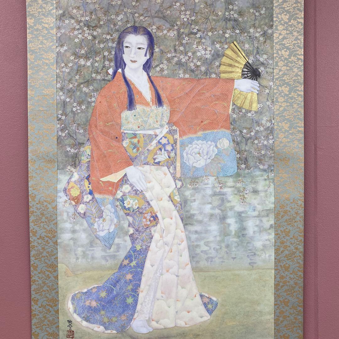 美品 掛け軸 日本画家 白鳥映雪筆「古城惜春」 桜 縁起物 美人画 おもてなし