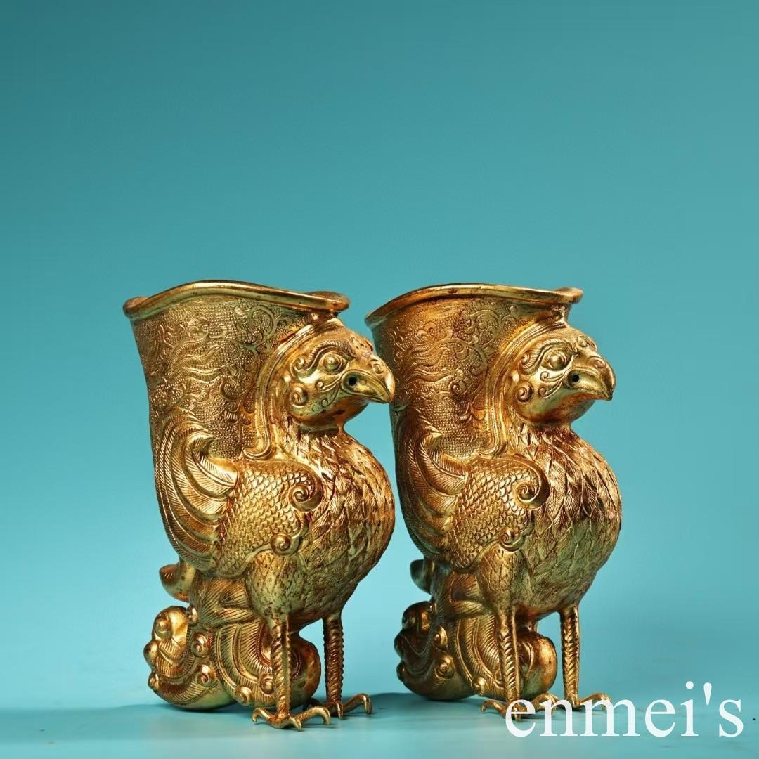 中国古美術・旧蔵高浮彫鏨刻鎏金の鳳凰酒杯セット・純銅制・手作り・酒具・風水開運