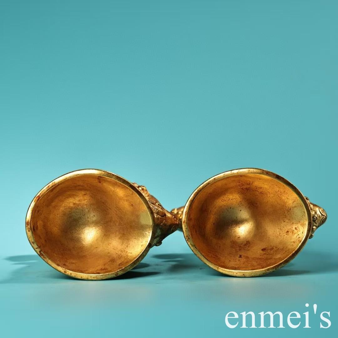 中国古美術・旧蔵高浮彫鏨刻鎏金の鳳凰酒杯セット・純銅制・手作り・酒具・風水開運