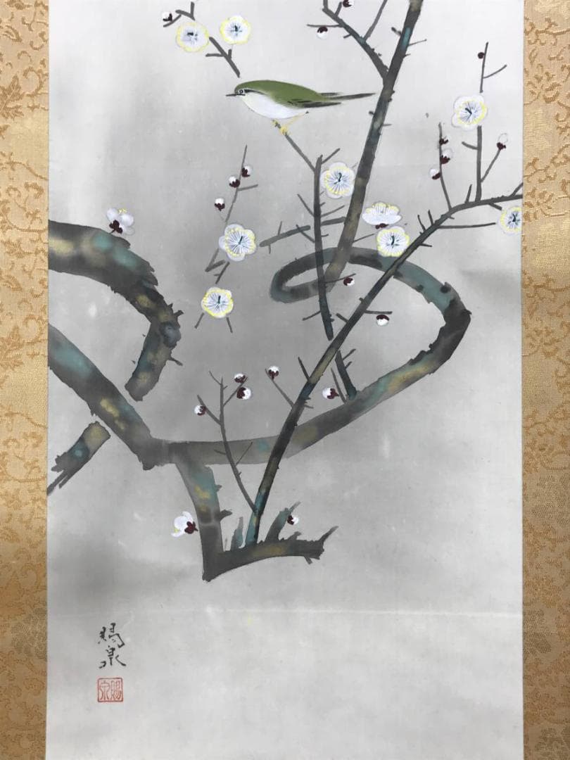 真作/郡賜泉/梅花鴬図/花鳥図/梅に鴬図/梅花小禽/掛軸☆宝船☆AE-272
