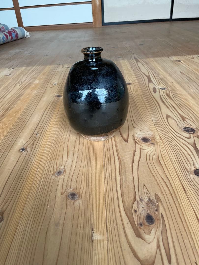 【島根・出西窯】黒釉 丸壺 花瓶（高さ18.5cm）民藝 柳宗悦