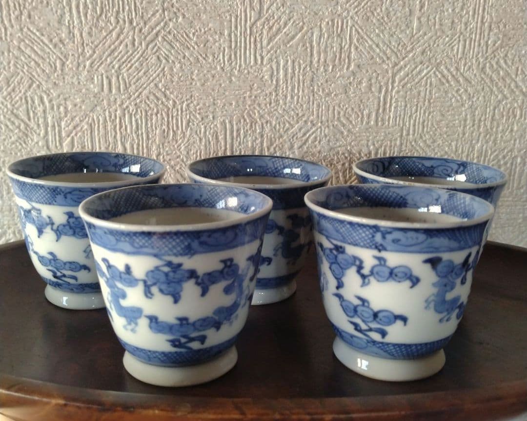 古伊万里染付麒麟文煎茶碗蕎麦猪口五客