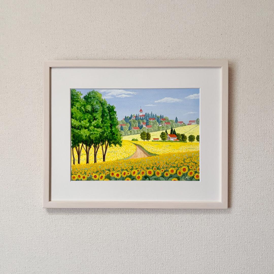 アクリル画　原画　「ひまわりの丘11」額縁付　F4サイズ　風景画
