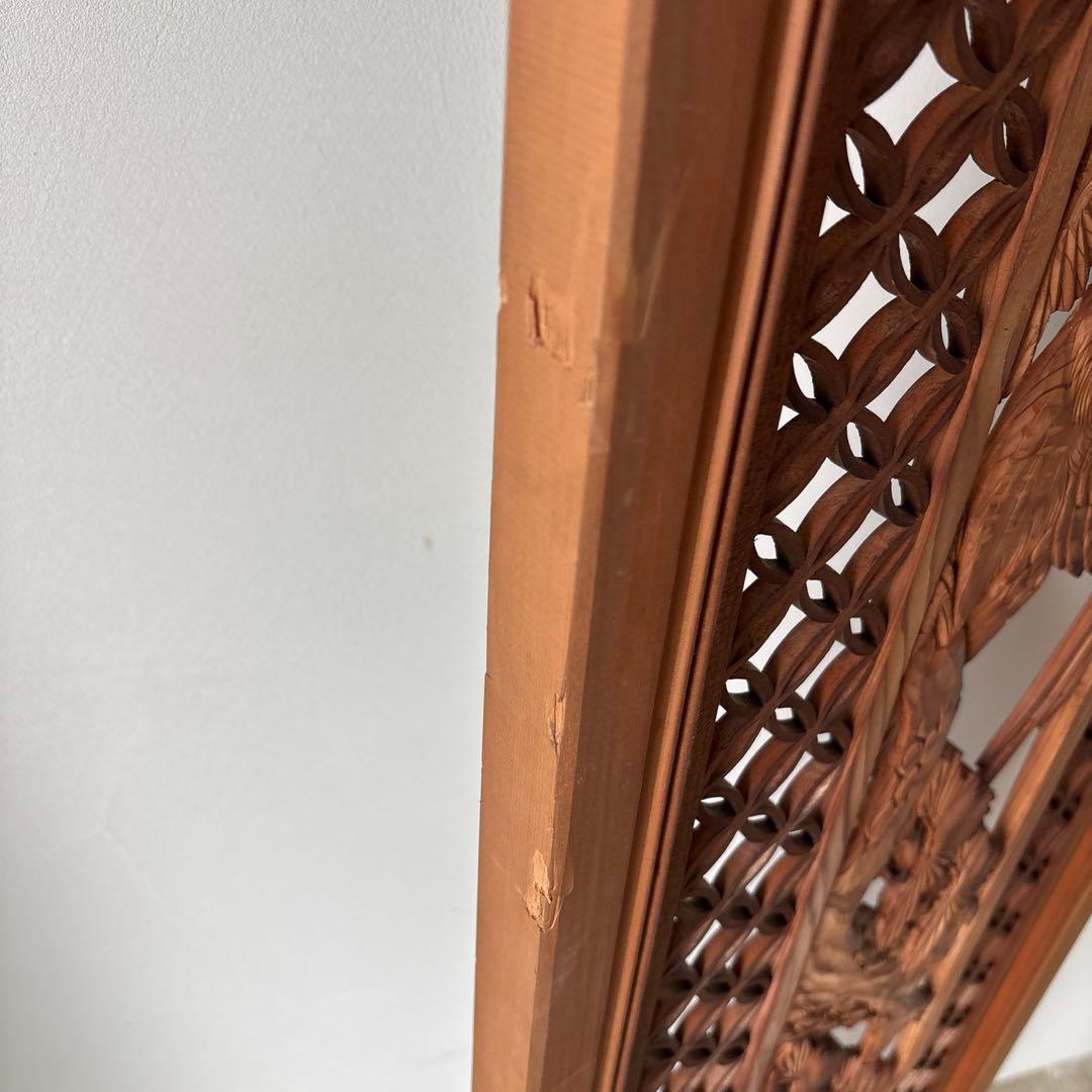 古い彫刻欄間　七宝組子　松　鷹　らんま　格子　手彫　木彫　木彫り　白木　当時物1