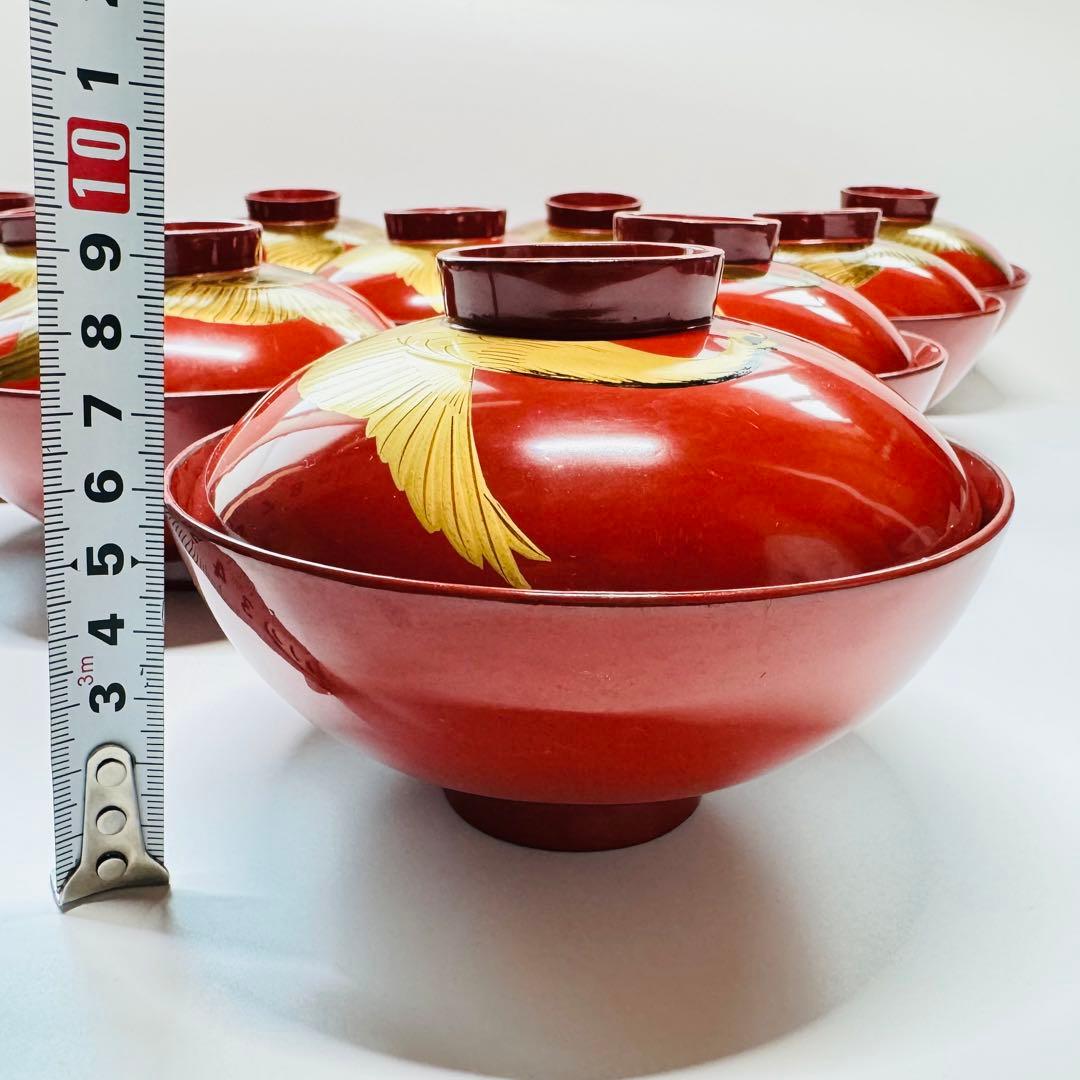 漆器輪島塗　蒔絵金彩細工鶴文　木製　蓋付椀　お煮物椀　吸物椀　10客　骨董品