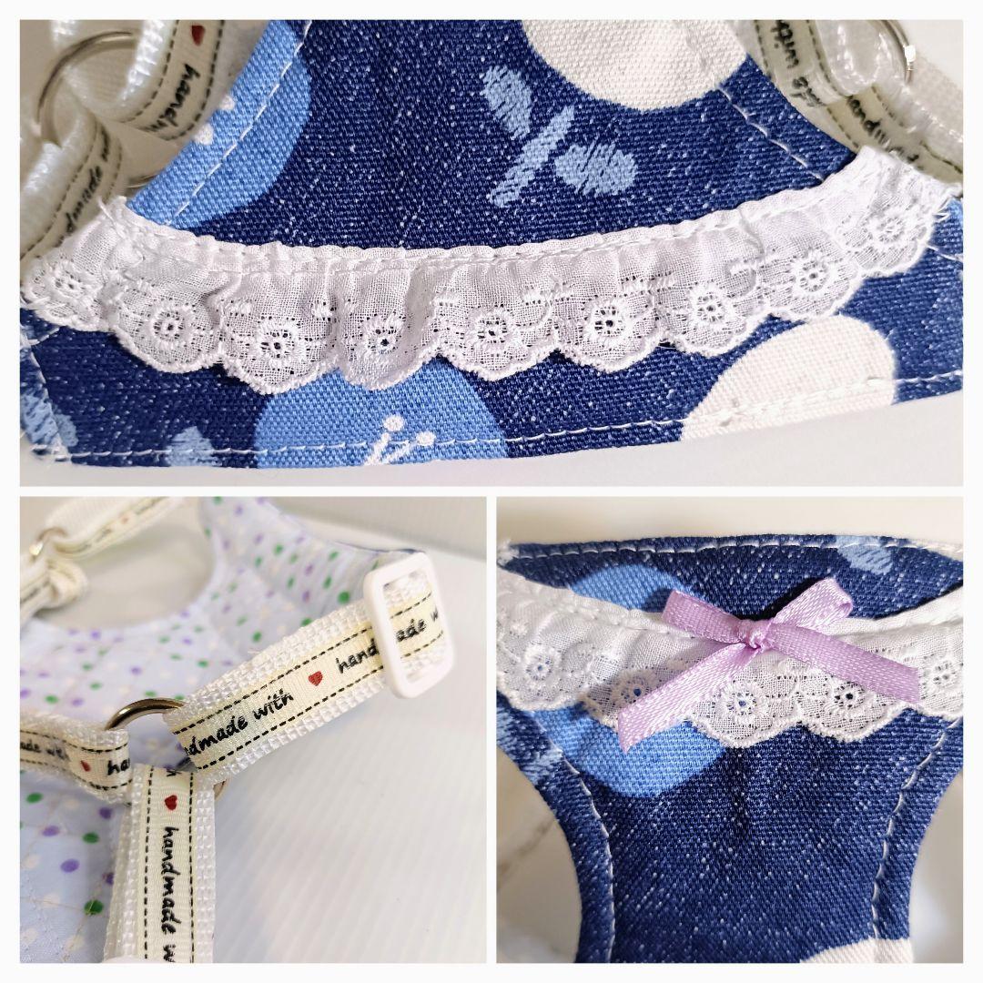 小型犬用 ハーネス Sサイズ ハンドメイド 北欧風 花柄 デニム