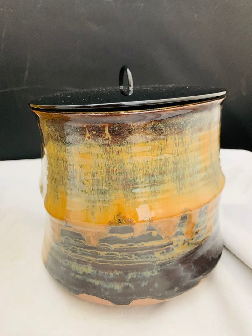 十四代 亀井味楽 高取 掛分釉水指 栞共箱 高取焼 味楽窯 茶道具