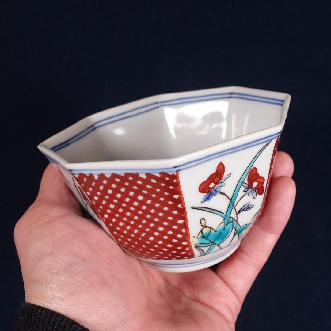 九谷焼 堀江青光 九谷聖城窯 牡丹割取 八角小鉢 5客 共箱