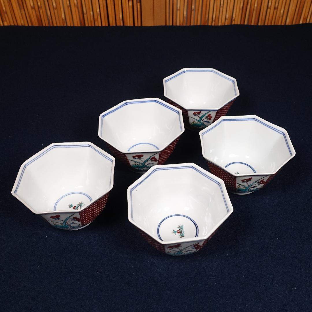 九谷焼 堀江青光 九谷聖城窯 牡丹割取 八角小鉢 5客 共箱