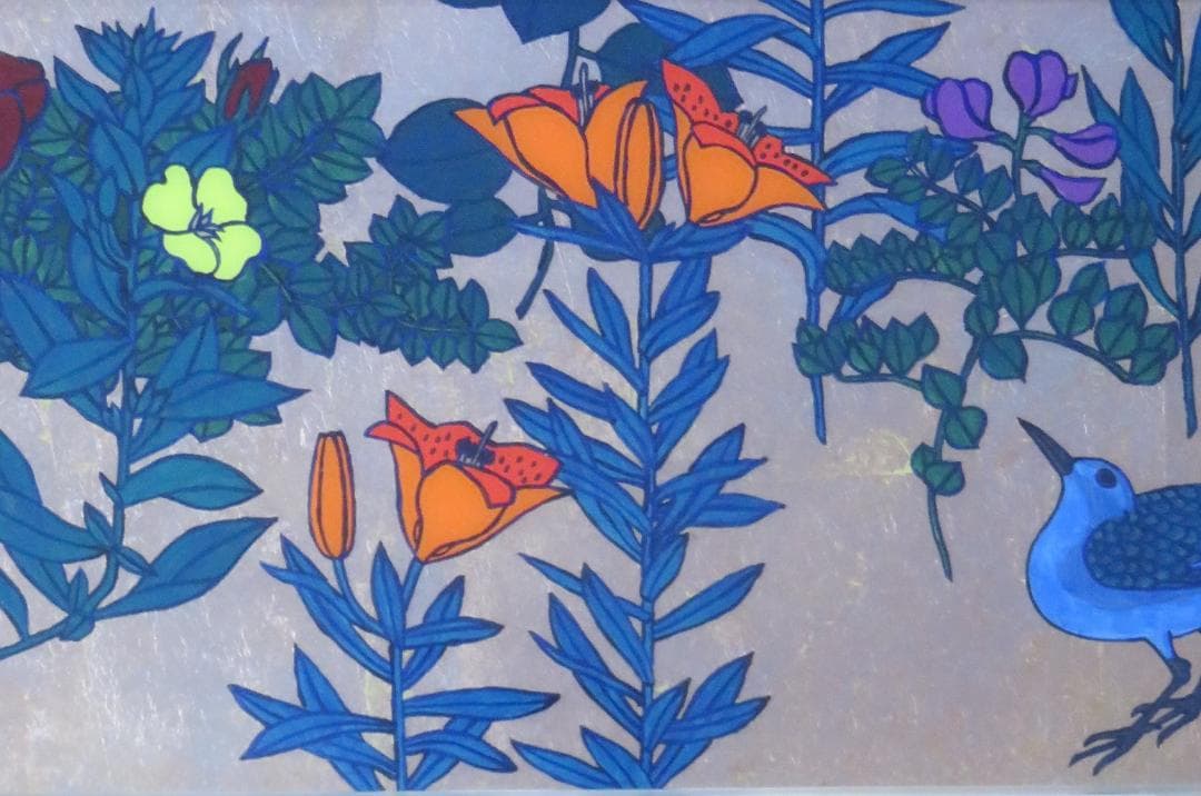 佐田　勝　「作品」（野の花・鳩）　ガラス絵　98×28cm　≪真作≫　MC