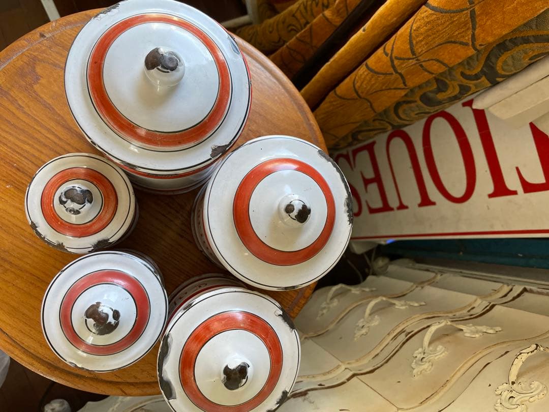 フランス　アンティーク　ホーロー　キャニスター　5個　ホワイト　レッド　ライン