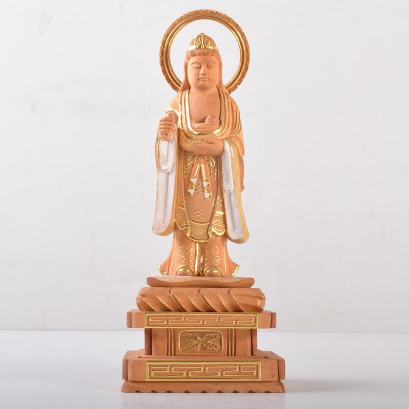 仏教美術　金彩柘植彫刻　慈母観音立像　仏像　置物　M　7076