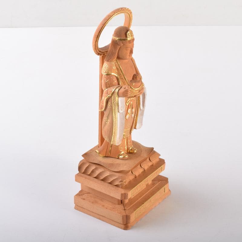 仏教美術　金彩柘植彫刻　慈母観音立像　仏像　置物　M　7076