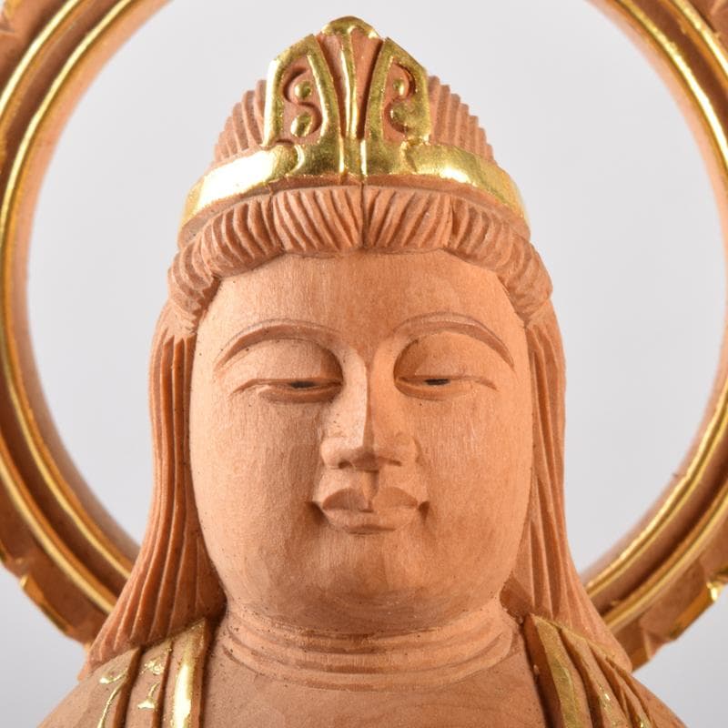 仏教美術　金彩柘植彫刻　慈母観音立像　仏像　置物　M　7076
