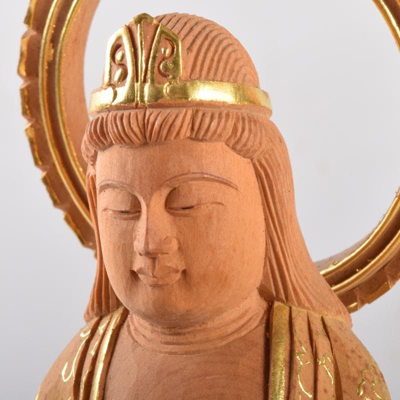 仏教美術　金彩柘植彫刻　慈母観音立像　仏像　置物　M　7076