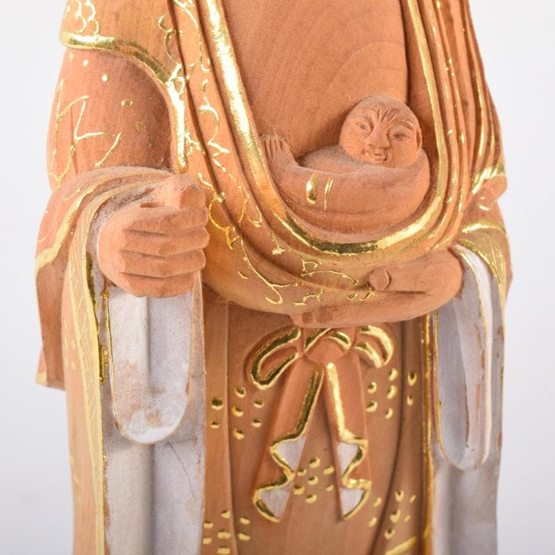 仏教美術　金彩柘植彫刻　慈母観音立像　仏像　置物　M　7076