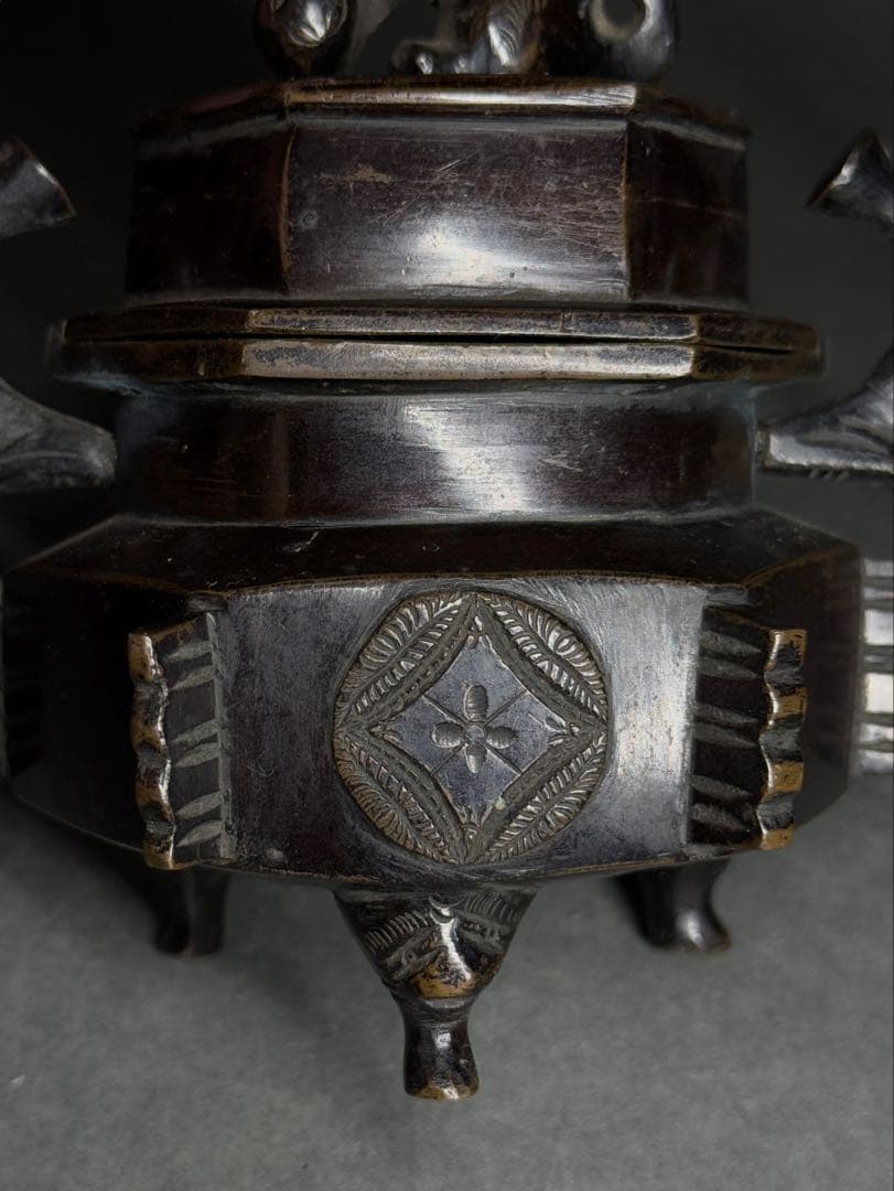 銅製 香炉 獅子蓋 銅炉 銅器 香道具 茶道具 仏具 台付 箱付