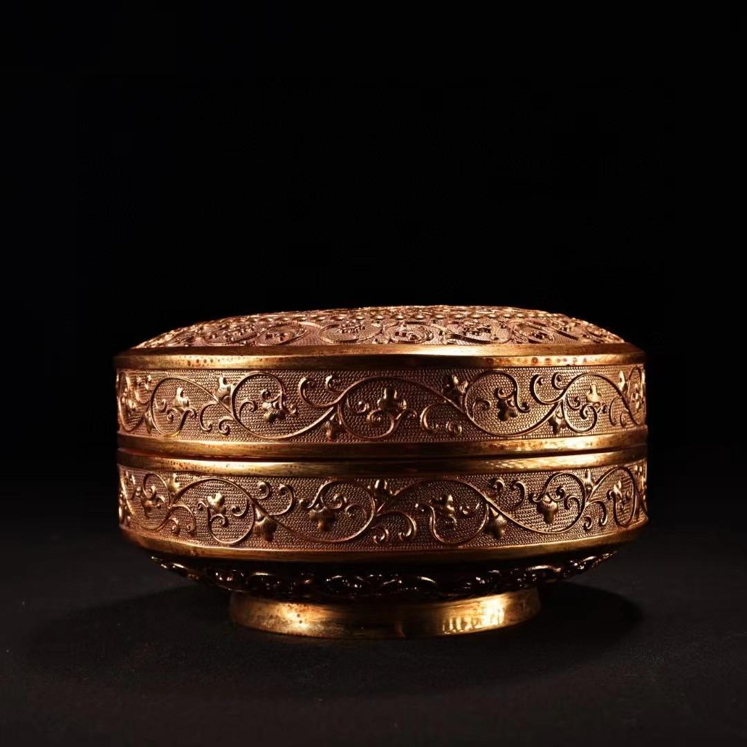 中国古美術・旧藏紫銅鎏金龍の首飾箱・細密彫・純手作り・高浮彫・文房・置物・茶道具