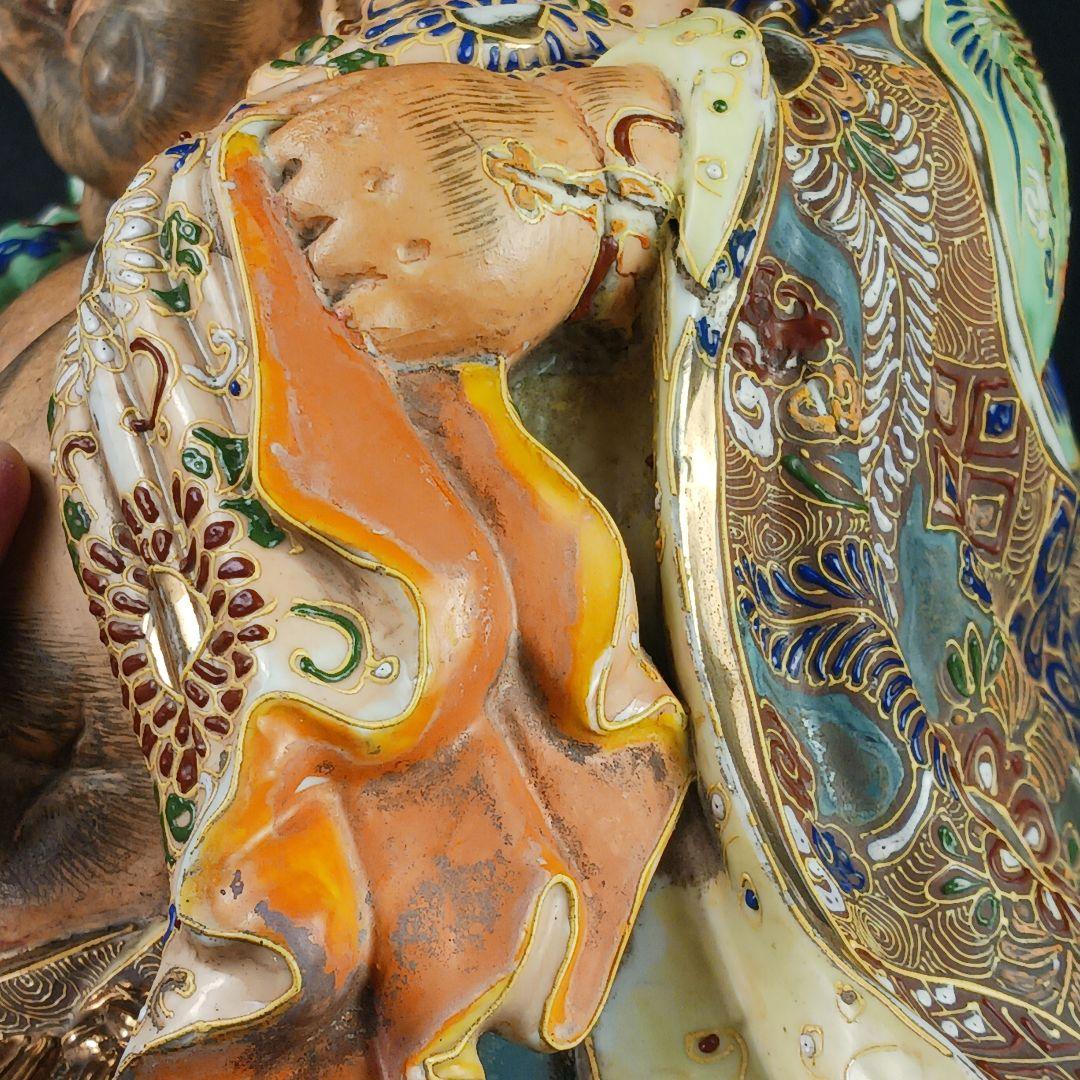 Y3122-9 九谷焼 色絵金襴手鳳凰布袋像 置物 高さ42㎝