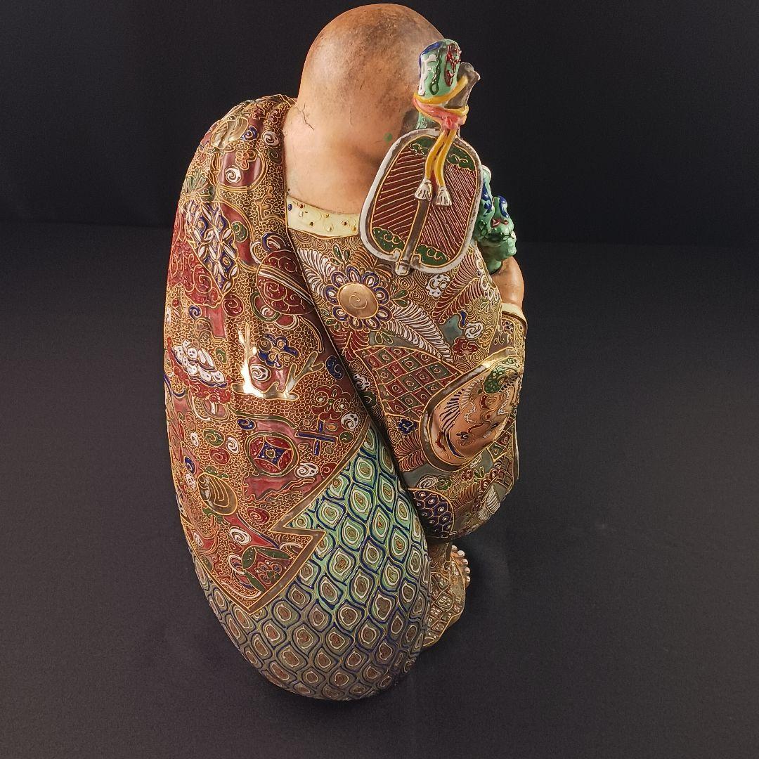 Y3122-9 九谷焼 色絵金襴手鳳凰布袋像 置物 高さ42㎝