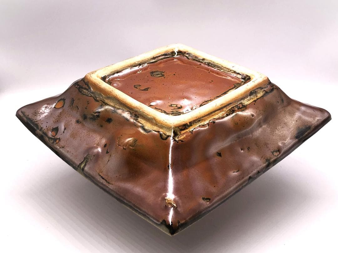 【 人間国宝 浜田庄司 】　柿釉青差角盛皿 40cm本人作　蔵出初品