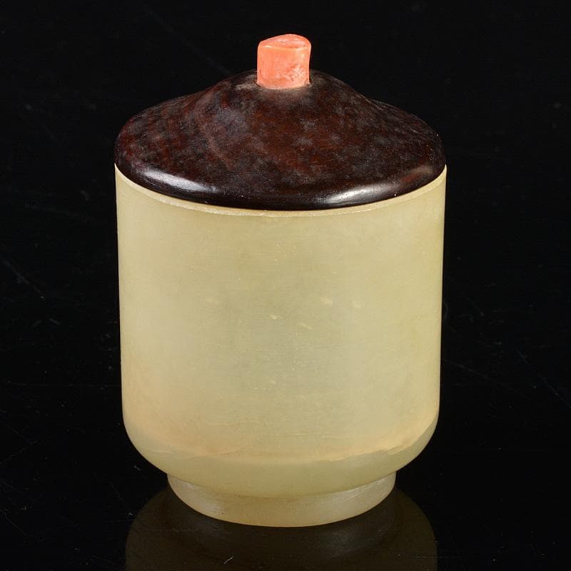 中国　玉石白玉彫刻　煎茶碗　赤珊瑚摘唐木蓋　M　R5351