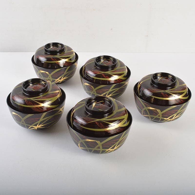 茶道具　山中塗　塗師　辻石斎造　糸目尾花椀　五客　共布共箱　U　R7473