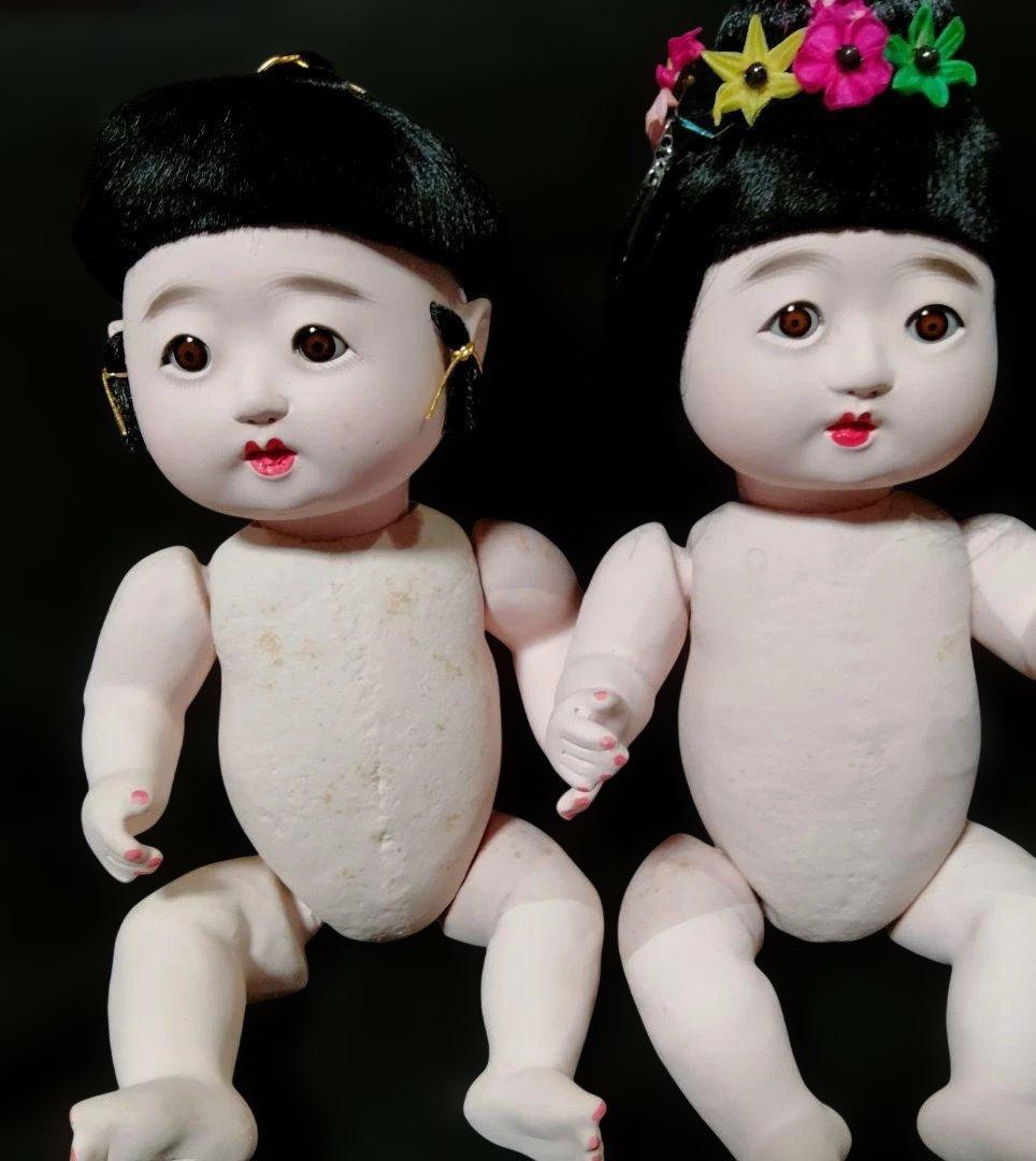 お座り人形　未使用 男女ペア　倉庫保管品　昭和　胡粉入れ目　箱入り