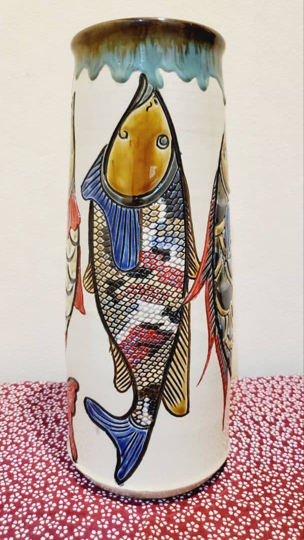 ⑥宮城三成 魚紋 大筒壺 鮮やか 人間国宝孫 やちむん 沖縄