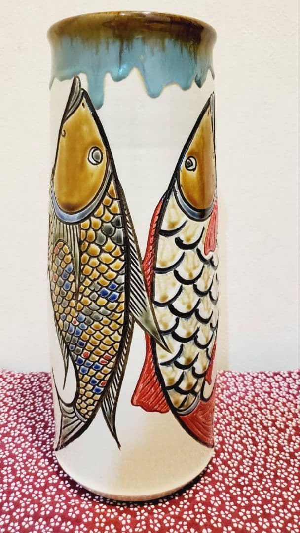 ⑥宮城三成 魚紋 大筒壺 鮮やか 人間国宝孫 やちむん 沖縄