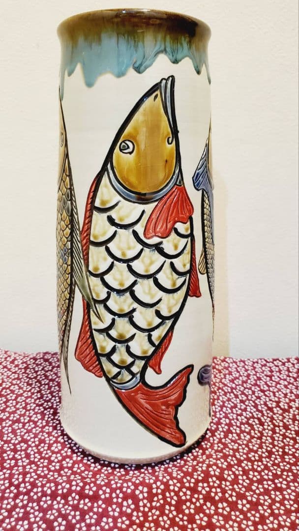 ⑥宮城三成 魚紋 大筒壺 鮮やか 人間国宝孫 やちむん 沖縄