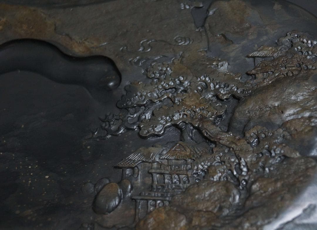 書道硯 歙州硯 金星硯 細工浮き彫り『山水風景文』大型硯 すずり 共箱 文房四宝