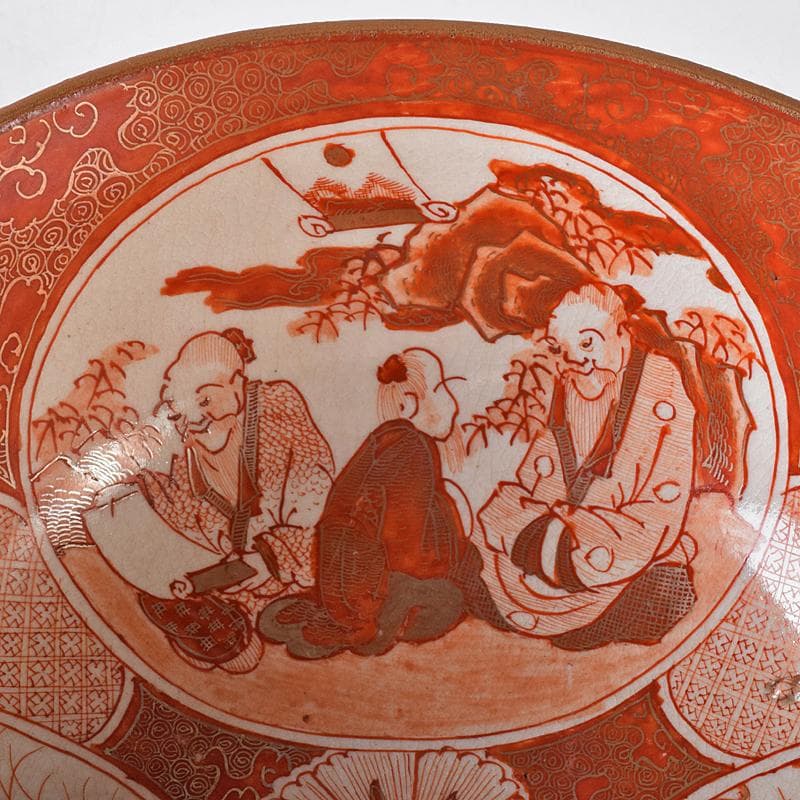 九谷焼　古九谷　赤絵金彩　窓絵　人物花鳥文　三ッ組鉢　時代箱付　U　R8370