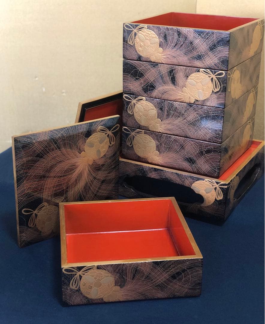 割引❗️《R》時代 黒内朱 梨地 蒔絵 五段重 替蓋 重台付 木箱251127お1