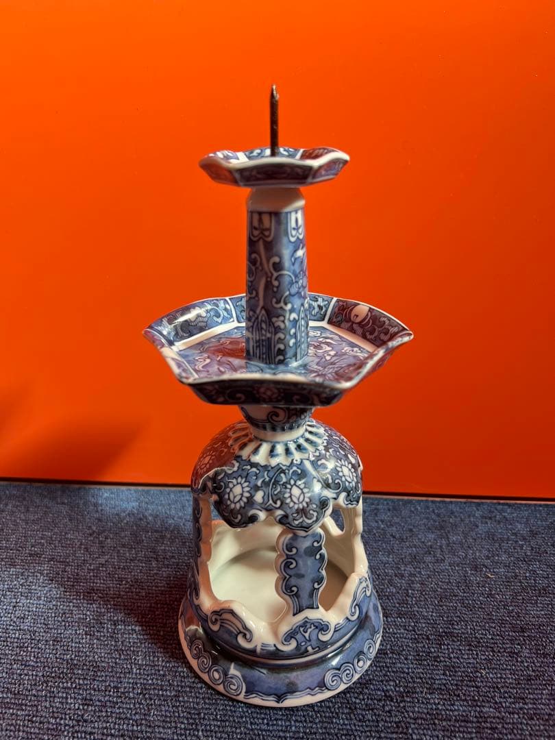 811 中国　大明萬暦年製　瑞雲翔鶴図 燭台 蝋燭台 舞鶴花文燭台