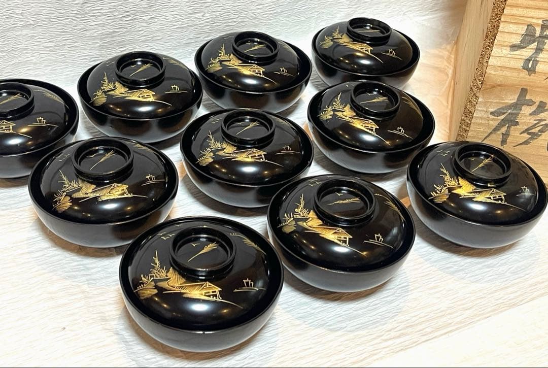 木製漆器 吸物椀 金蒔絵 骨董 時代物 アンティーク　１０客151