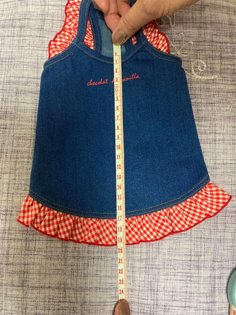 デニム犬服 ギンガムチェック フリル付き