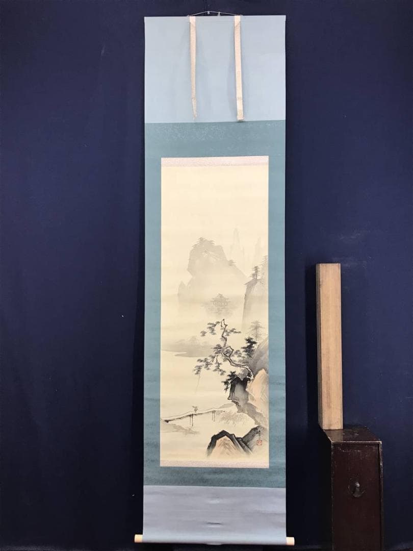 真作/友善/楼閣山水人物図/山水図/掛軸/名家伝来/AD-853
