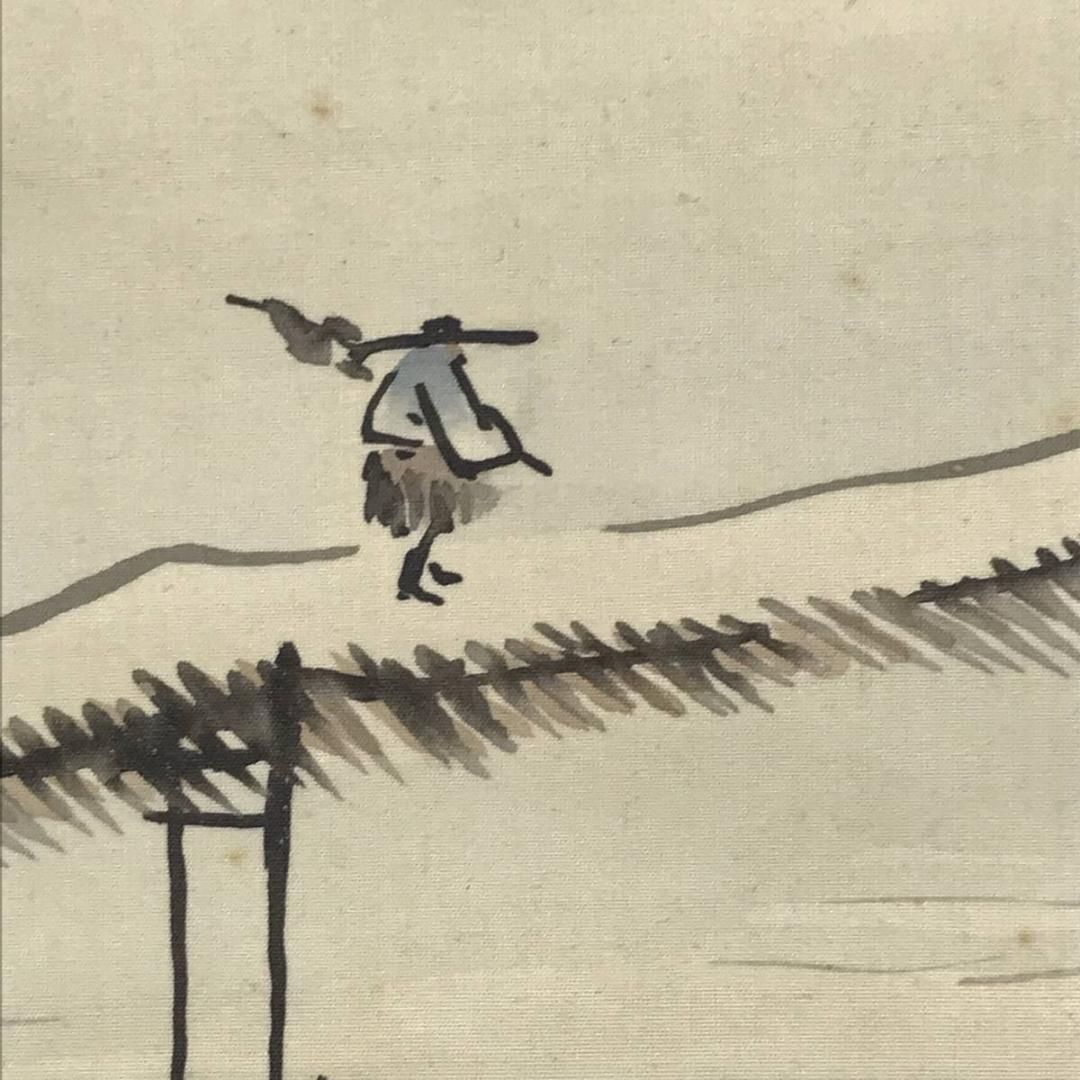 真作/友善/楼閣山水人物図/山水図/掛軸/名家伝来/AD-853