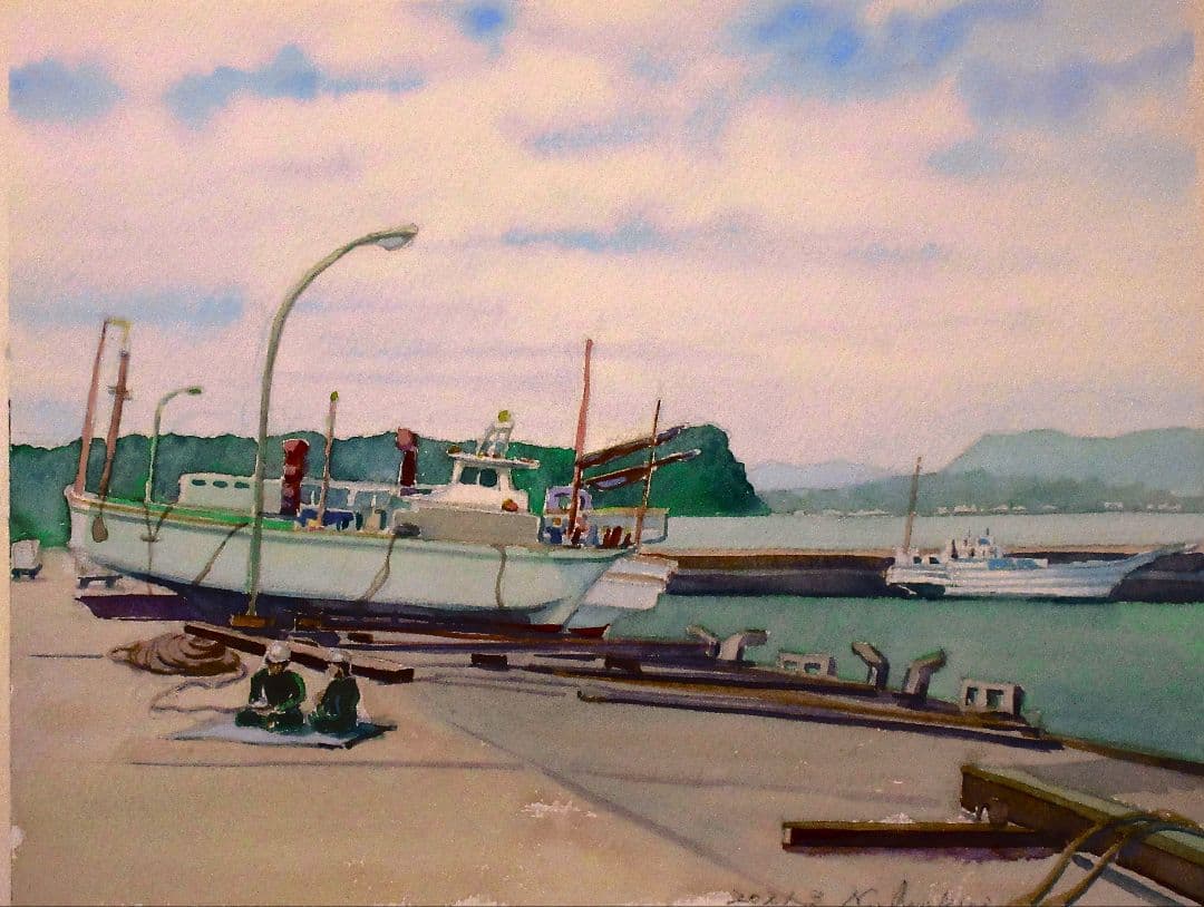 水彩画 漁船と港の風景 フレーム付き 原画