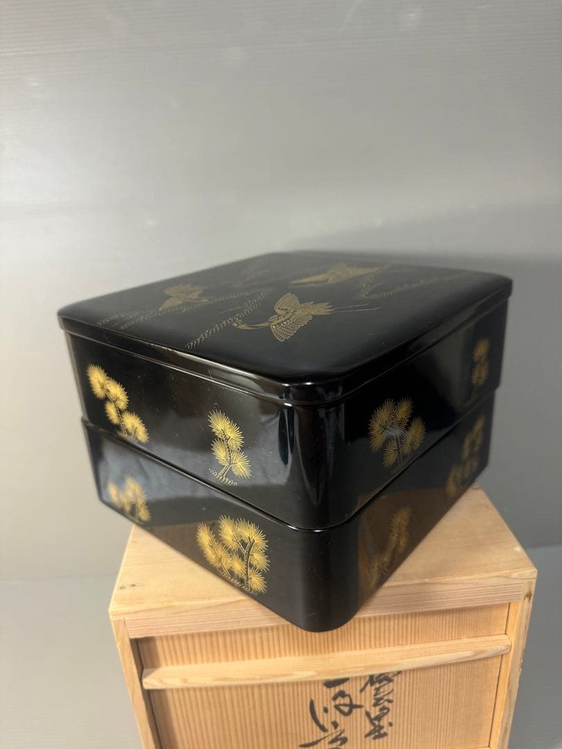 2445 輪島塗　金蒔絵　松鶴文　二重箱