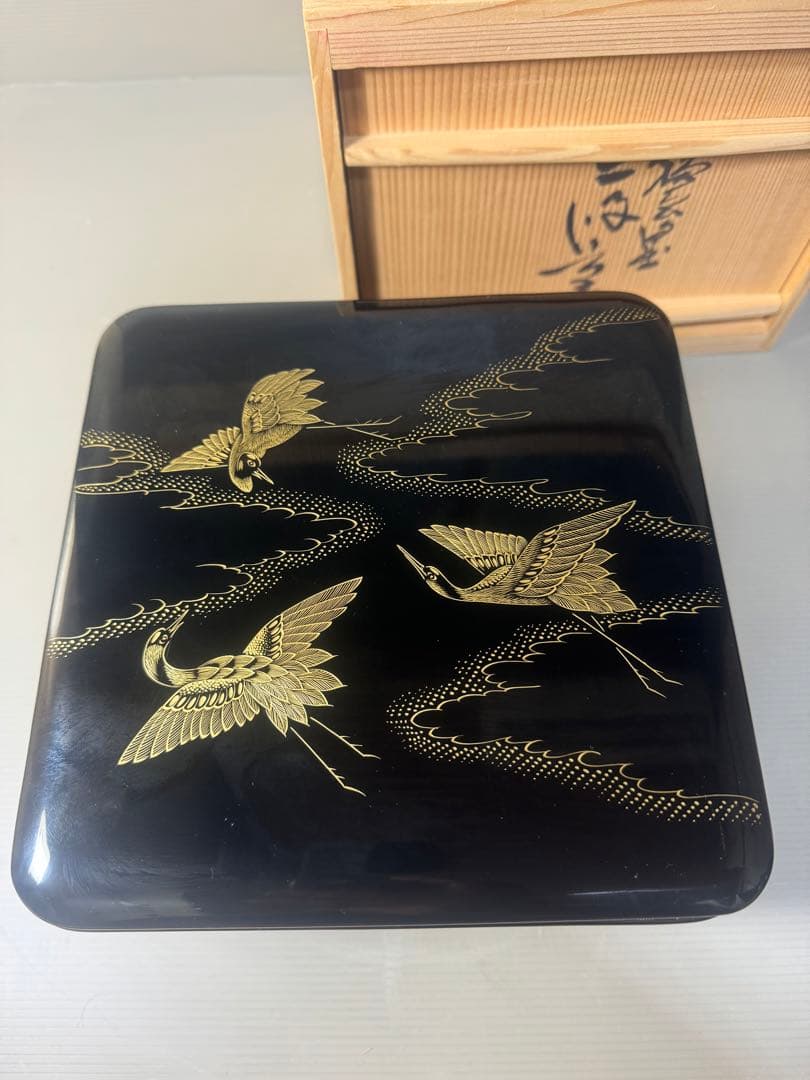 2445 輪島塗　金蒔絵　松鶴文　二重箱