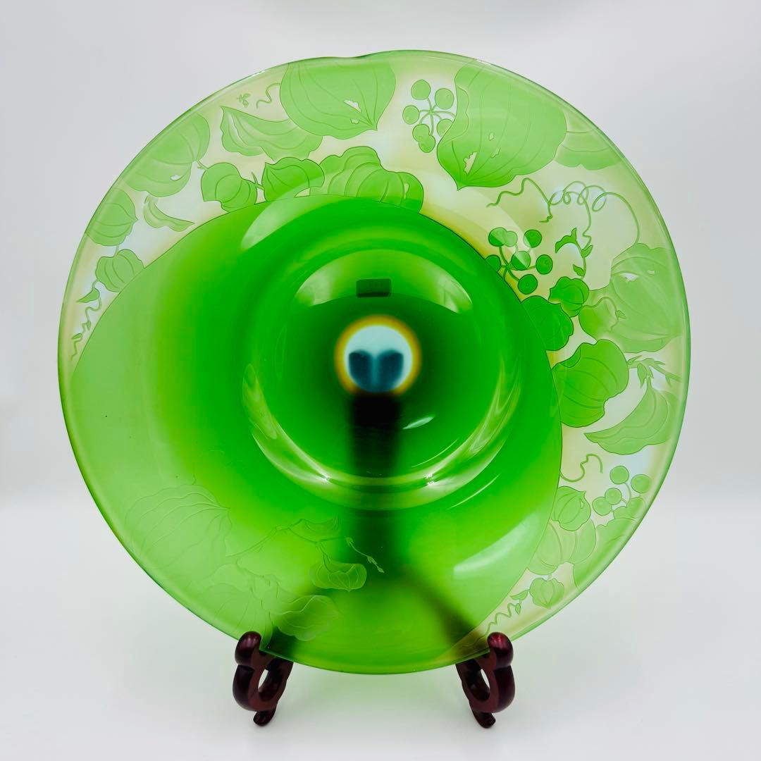 【硝子工芸　山田美彌子　月の宵　大皿　共箱】インテリア　グリーンガラス