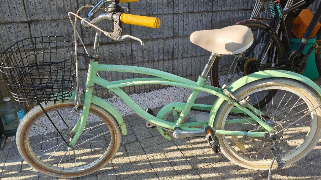 子供用自転車20インチ ビーチクルーザー パステルグリーン 前カゴ、LEDライト