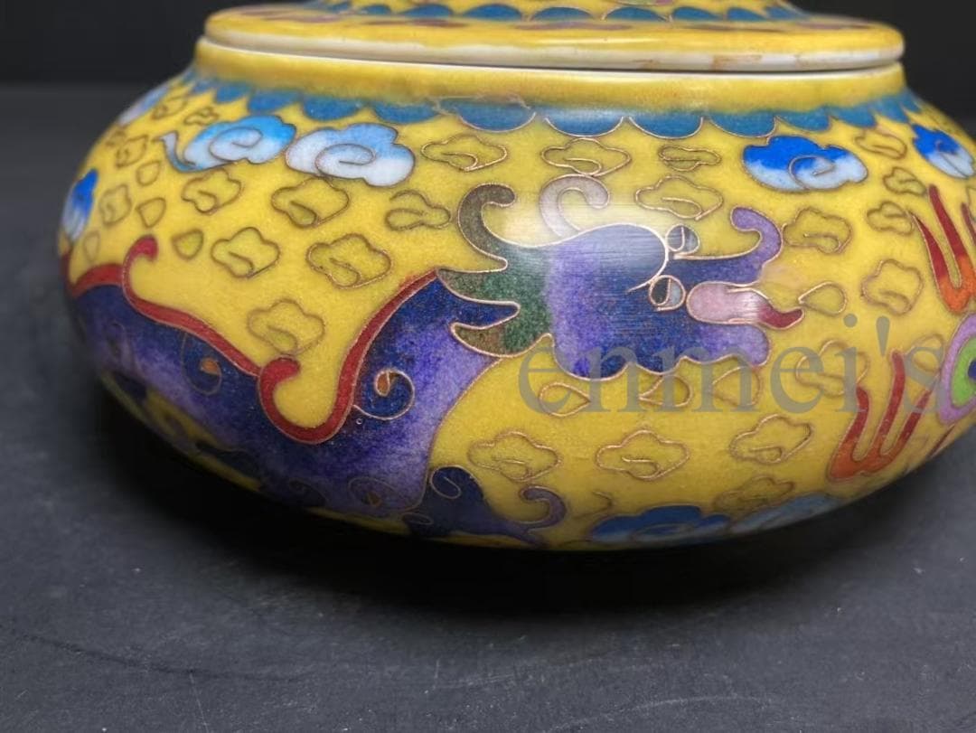 中国古美術・大明成化年製款・掐絲琺瑯龍雲文囲碁罐・蓋付飾壺・陶器・文房置物・風水