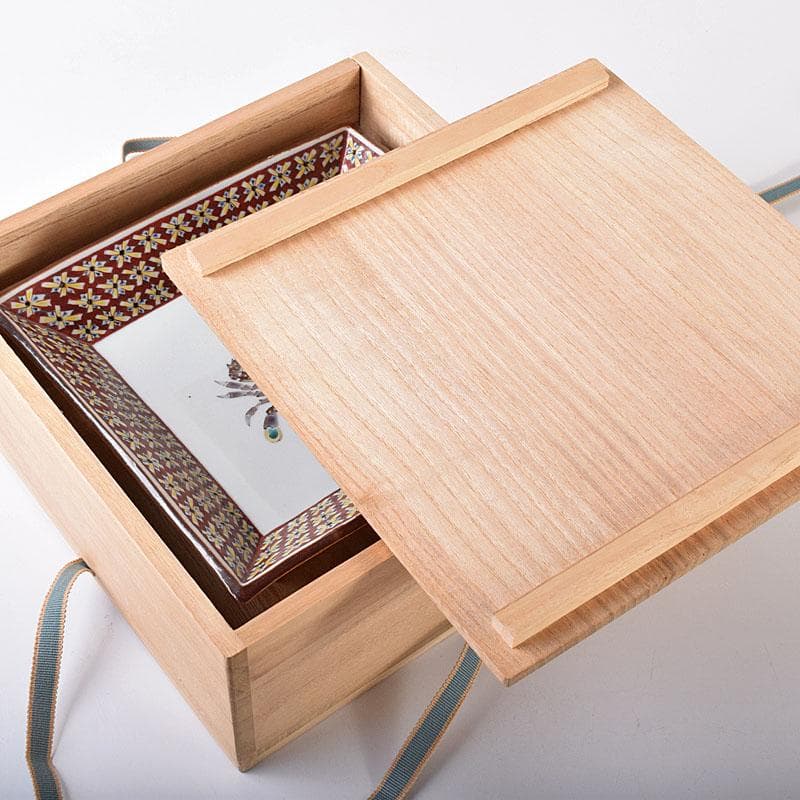 九谷焼　武腰潤作　色絵夏蟹更紗文　四方台皿　共布共箱　Y　R8415B