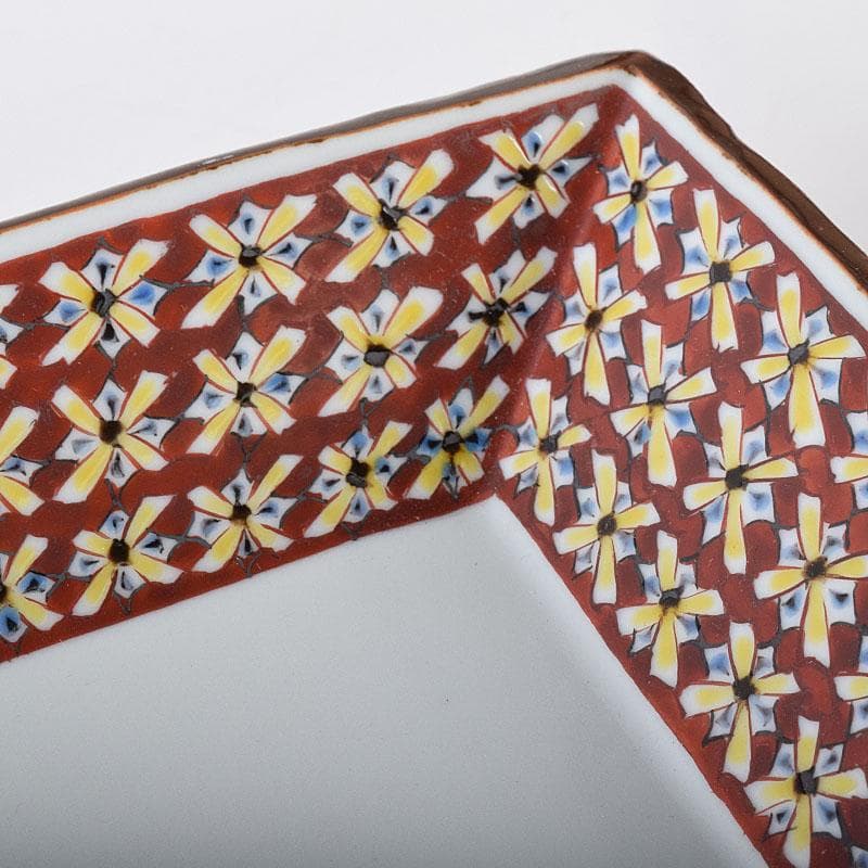 九谷焼　武腰潤作　色絵夏蟹更紗文　四方台皿　共布共箱　Y　R8415B