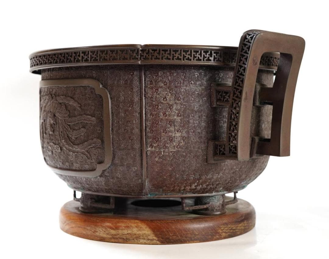 NA3399 大日本文政年整珉鋳 雲龍 鳳凰文 宣徳銅 瓶掛 火鉢 重厚