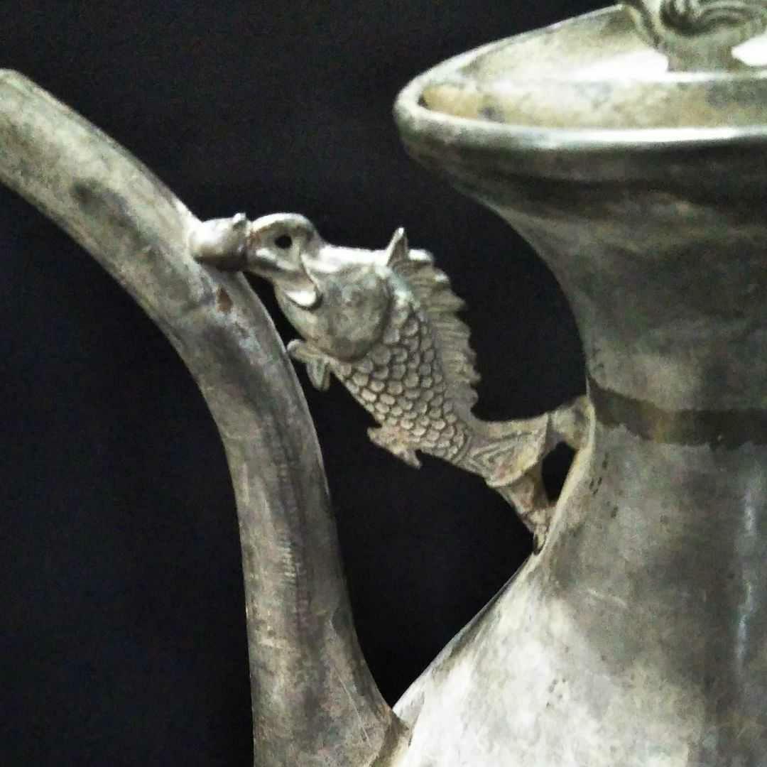 ※中国古美術/古錫魚飾蓋付水柱/清代/